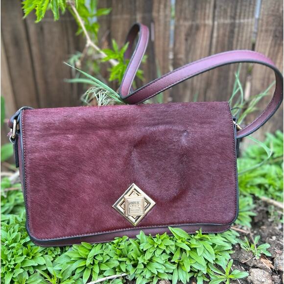Dune Burgundy Pony Hide Shoulder Bag - Picture 1 of 8